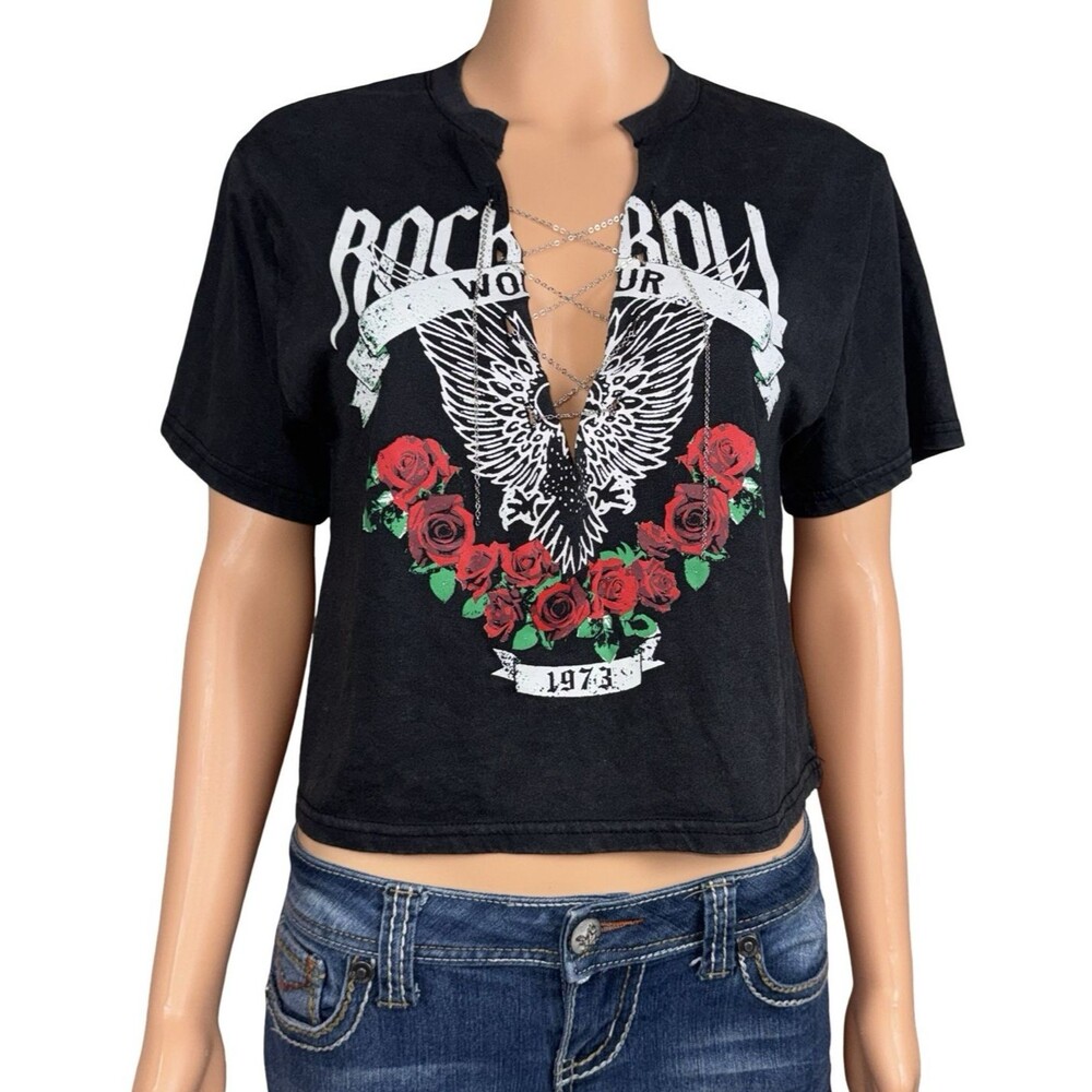 Rue 21 Womens Small Crop Top T-Shirt Rock & Roll 1973 World Tour Black New